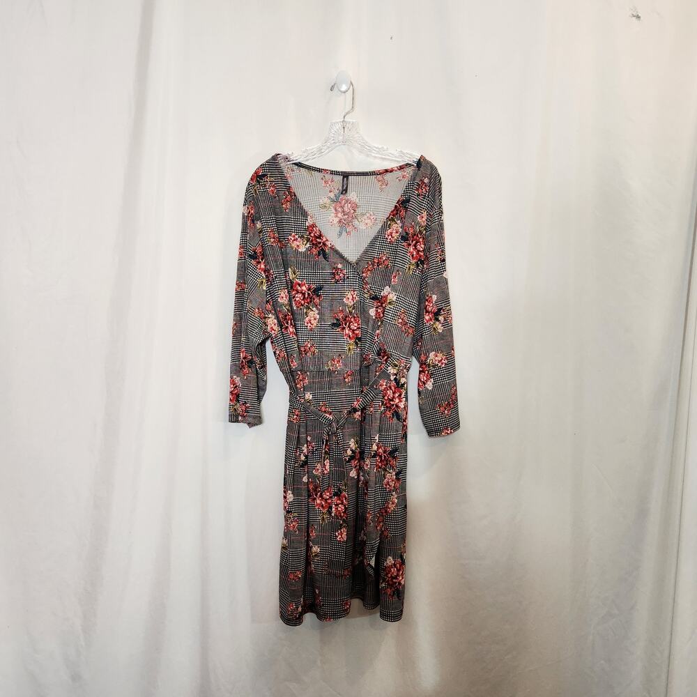 MASSINI Multi Floral Black White Check Print Faux Wrap‎ Midi Dress Womens 3X
